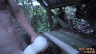 Fleshlight outdoors! – All naked and exposed, fucking my fleshlight – Massive cumshot!!